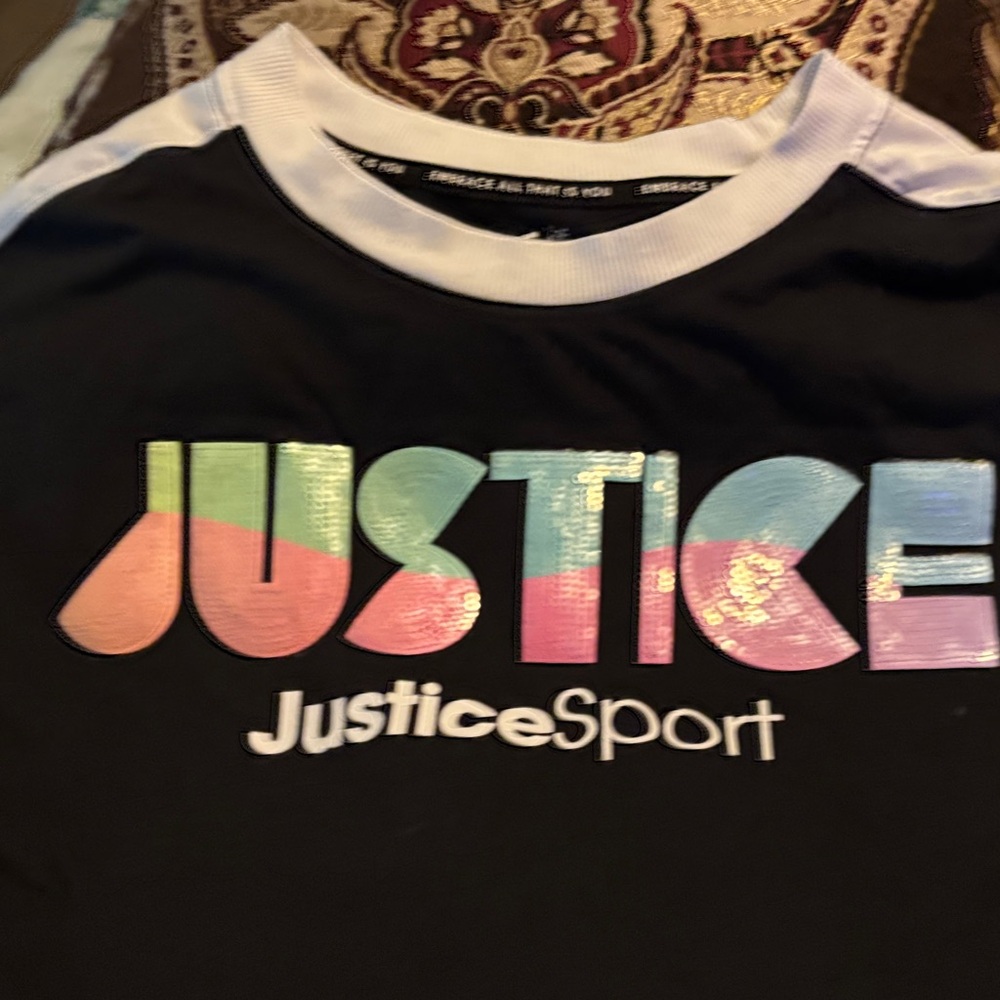 Justice Black Tee with Multicolor Logo
